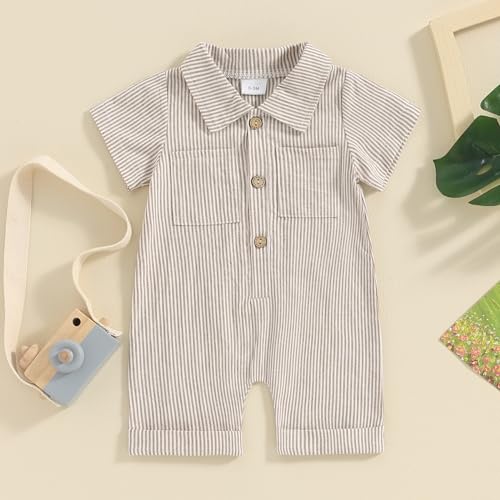 Niceclould Baby Boy Vertical Striped Romper With Pockets One Piece Lapel Neck Short Sleeve Buttons Jumpsuit Spring Summer  thumb #1