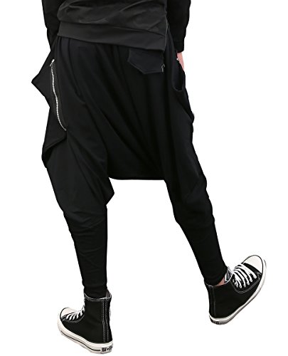 ellazhu Men's Black Fashion Loose Fit Drop Crotch Yoga Casual Harem Long Pants GYM161 A2