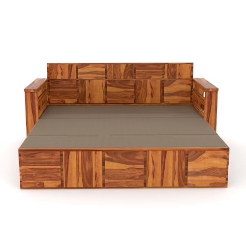 Image of Kunjal Furniture Solid Sheesham Wood Sofa Cum Bed with Storage for Living Room | Natural Finish | 3-Seater Convertible Sofa Bed | Handmade Wooden Furniture