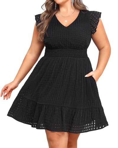Women's Plus Size Cocktail Dress - Semi Formal V-Neck Flutter Sleeves A-Line Wedding Guest Short Dress with Pockets