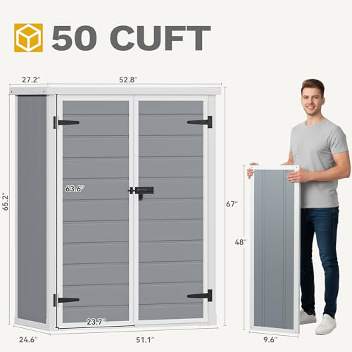Image of DWVO 50 Cuft Outdoor Tall Storage Shed with 2 Shelves, 4.3x2x5.5ft Vertical Tool Shed with Floor & Lockable Doors, Sturdy Double-Wall Plastic Cabinet for Garbage Cans and Garden Equipment (Gray)