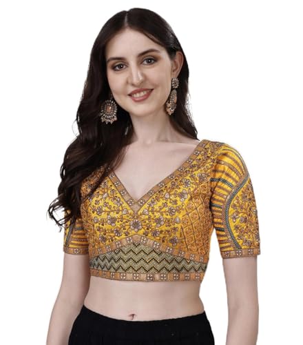 Image of Pujia Mills Mills Women's Fancy Readymade Heavy Coding Embroidary Worked Half Sleeve Multicolor Saree Blouse(Mushroom)