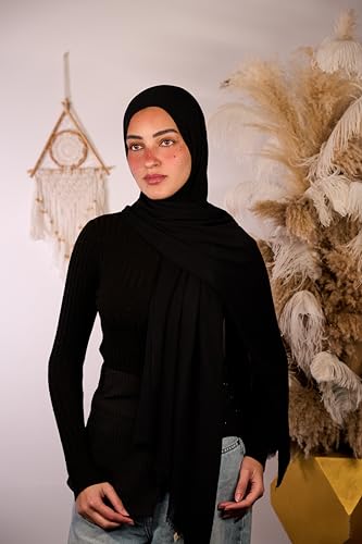 Mila Basic Cotton Modal Sponge Scarf - Classy Gift for Special Occassions - Luxurious Versatile Style & Ideal Accessory - Women's Hijab - Size (75x200) cm - طرحه قطن مودال شاش اسفنجي - حجاب (Black)