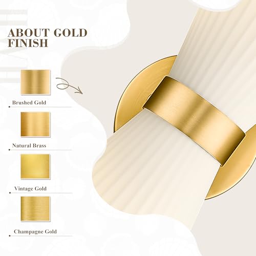 Image of Gold Sconce Wall Lighting, HWH Single Wall Vanity Light Fixture Brushed Gold Wall Sconce Lamp, Modern Indoor Up Down Wall Light with Frosted Milk White Striped Glass Shade, 5HZG97B-2W BG