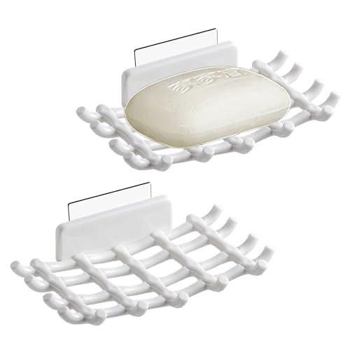 Easyplum 2pcs Wall Mounted Soap Dish with Hooks for Shower, No Drilling,Self Adhesive Soap Holder Soap Tray Bar Soap Sponge Holder for Bathroom & Kitchen,White