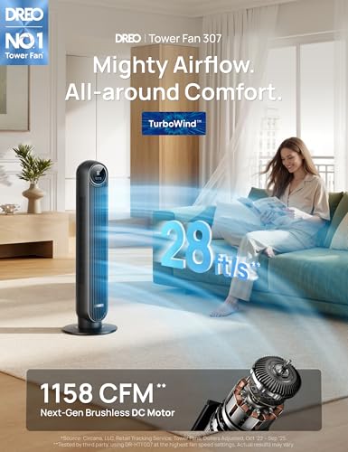 Image of DREO Tower Fan for Bedroom, 2026 Upgraded DC Motor, 28ft /s High Velocity, 20dB Ultra Quiet Standing Fan, 8 Speeds 4 Modes, 90 Oscillating Bladeless Fan for Indoors, Floor Fans with Remote, Black