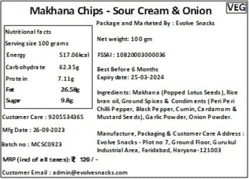 Image of Evolve Makhana Chips Healthy Snacks for Kids, Adults, Gluten Free, Low-Calorie, Weight Loss-Friendly, No Palm Oil, Vacuum Fried, Sour Cream & Onion Flavor - 100g Pack of 2