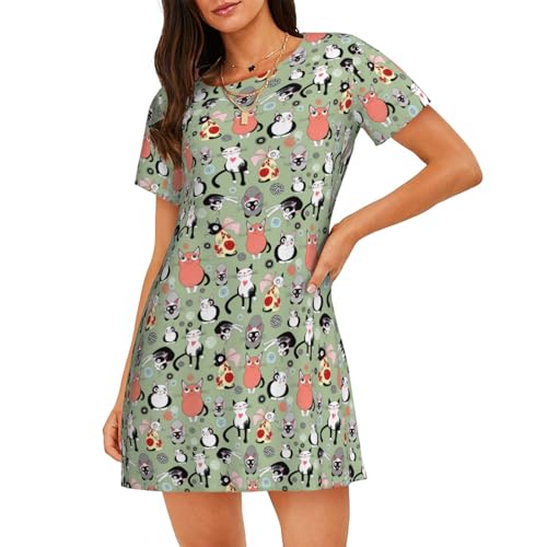 Chemise de nuit à manches courtes et imprimé chats pour vos soirées cocooning