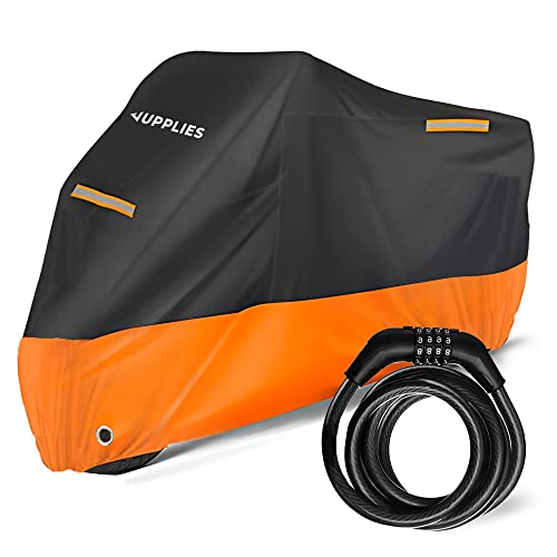 Funda Moto Impermeable 210D con Candado Antirrobo Incluido, 245 * 105 * 125cm Funda para Moto Universal con Asa Reflectante Apta para Todo Tipo de Tamaños, Cubierta Moto Exterior Resistente - Naranja