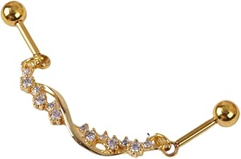 16G CZ Leaf Stainless Steel Industrial Barbell Earrings Gold Plated Rhinestone Leaf Cartilage Earrings 38mm Industrial Conch Helix Piercing Jewelry for Women