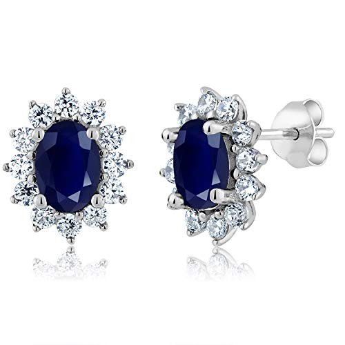 Gem Stone King 2.76 Ct Oval 7X5MM Blue Sapphire 925 Sterling Silver Women s Jewelry Halo Princess Diana Kate Middleton Post Earrings