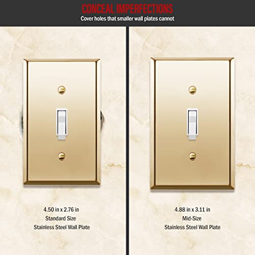 Image of ENERLITES Toggle Light Switch Metal Wall Plate, Stainless Steel Switch Cover, Corrosion Resistant, Mid-Size 1-Gang 4.88 inch x 3.11 inch, Stainless Steel 201, 7711M-PB, Polished Brass