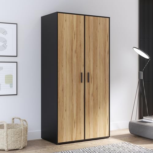 FORTE Jupiter Kleiderschrank 95, Industrial-Stil Schrank mit 2 Türen, Holzwerkstoff, Eiche Dekor/Schwarz, 94,7 cm breit, 190,5 cm hoch, 52,7 cm tief FORTE Jupiter Kleiderschrank 95, Industrial-Stil Schrank mit 2 Türen, Holzwerkstoff, Eiche Dekor/Schwarz, 94,7 cm breit, 190,5 cm hoch, 52,7 cm tief