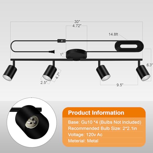 Plug in Track Lighting LED, Track Lighting Fixtures Ceiling, Black 4-Light Kitchen Track Light, Plug in Wall Light with 14.8ft Power Cord, Rotatable Ceiling Spotlight for Bedroom(GU10 Socket, NO Bulb)