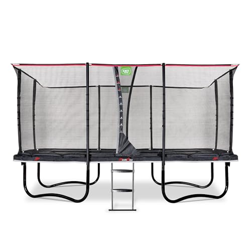 EXIT Toys PeakPro Rechteckiges Trampolin - 275x458cm - Mit Sicherheitsnetz, Sprungzähler und Trampolinleiter - Reflektierender Schutzrand - Mit Fußschutzsystem - Rostfrei - Für Kinder - Schwarz