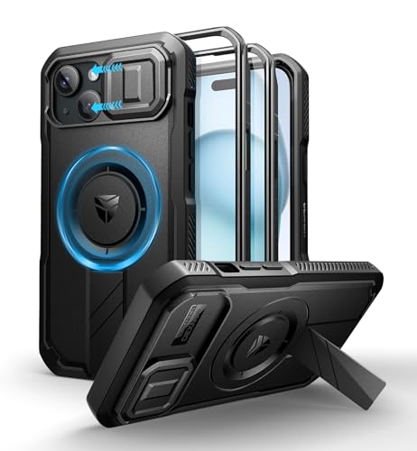 Dexnor Coque Compatible avec iPhone 15 Magnétique avec Couverture de Caméra Coulissante & Support Réglable & Film de Protection D'écran Intégré, Boîtier de Pare Chocs Robuste - Noir