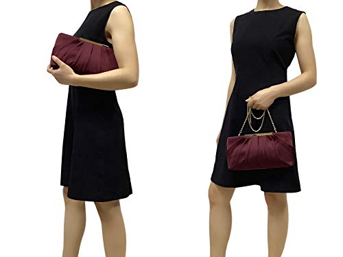 CHARMING TAILOR Clutch Evening Bag Elegant Pleated Satin Formal Handbag Simple Classy Purse for Women (Burgundy) - Thumbnail 2