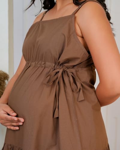 Image of Brown Strappy Maxi Dress, Tiered Flared Silhouette, Square Neck, Drawstring Waist