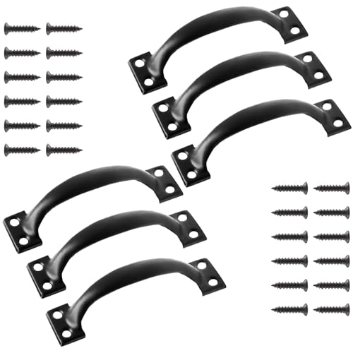 Jiozermi 6 Pcs 4" Rustic Gate Handle, Iron Hardware Handle Pull with Screw, Vintage Farmhouse Cabinet Handles, Retro Drawer Pulls for Outdoor, Garage & Drawer, Black