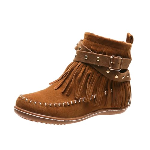 Snow Boots for Women Casual Fringe Faux Suede Ankle Non Slip Booties Vintage Short Booties Side Zip Flat Winter Boot