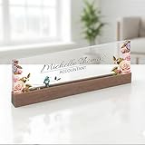ARTBLOX | Office Personalized Name Plate Flower with Bird Design On Clear Acrylic Glass for Desk with Business Card Holder