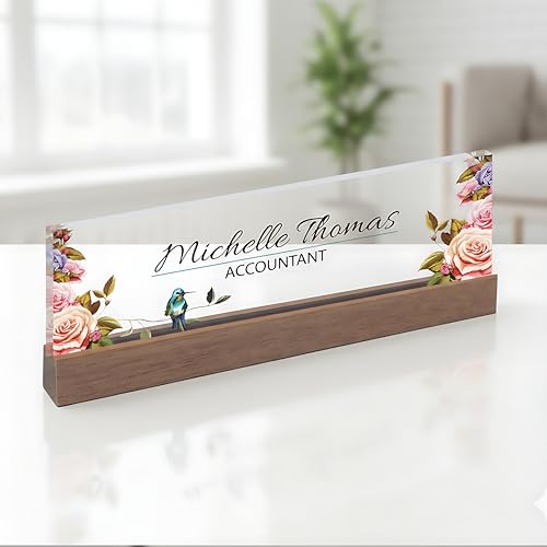 ARTBLOX | Office Personalized Name Plate Flower with Bird Design On Clear Acrylic Glass for Desk with Business Card Holder