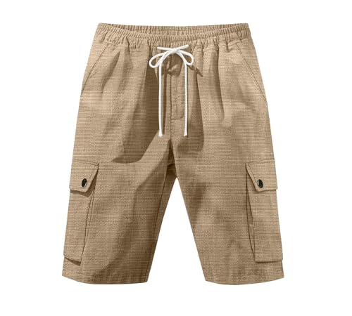 Linen Shorts for Men Summer Drawstring Elastic Waist Cargo Shorts Casual Solid Lightweight Beach Tops with Pockets3