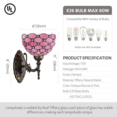Image of Tiffany Wall Sconce Hand-Weld Stained Glass Bedside Lamp with Classic 8 Inches Lampshade for Bedroom Hallway Living Room Home Office (Pink)