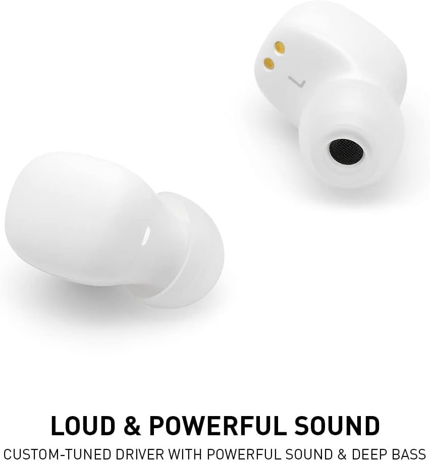 Close-up of an ADV. 500 earbud, showcasing its speaker grille and compact design, emphasizing powerful sound.