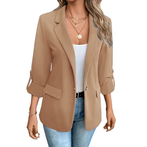 Women Blazers 3/4 Roll Sleeve Lapel Blazer Jacket Button Down Open Front Coat Casual Business Jackets with Pockets
