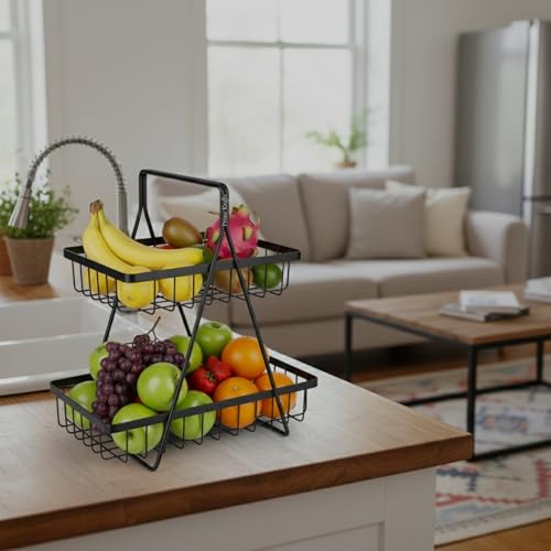 Image of 2 Tier Metal Fruit and Vegetables Basket with Handle | Fruit Vegetables Snacks and Bread Organizer for Kitchen, Dining Table, Livingroom | Bathroom Countertop Stand (Design 2 - Black)