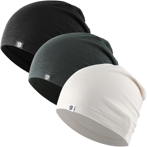 WTACTFUL 3-Pack Soft Slouchy Skull Caps for Men Women Breathable Beanie Hat Skull Cap Chemo Night Sleeping Hat for Cycling Running Riding Hiking Outdoor Sport Black Gray White
