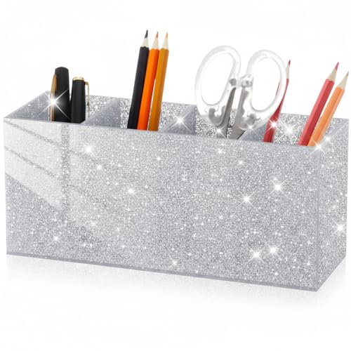 Image of Jetec Acrylic Glitter Pen Holder 4 Compartments Bling Makeup Brush Stationery Organizer Pencil Holder for Desk Accessories Sparkly Gifts for Women Birthday Valentines Desktop Workplace Office(Sliver)