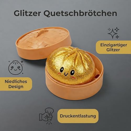 Dumpling Squishy,Squishy Dumpling Dumpling Fidget Toys, Anti Stress Spielzeug, Lustige Groß Glitzer Bao Bun Quetschball für Kinder und Erwachsene (Gold)