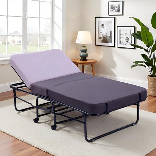 Image of Spacecrafts High-Density Recliner Folding Bed with Mattress | Portable Guest Bed, Space-Saving Lounge Cot | Compact Recliner Guest Bed | Metal Frame with Wheels (3 ft x 6.3 ft) (Brown & Ivory)