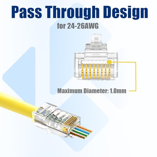 Image of 50 Pack Cat5e RJ45 Pass Through Connectors, UTP Ethernet Cable Ends | Awishwell Cat5 RJ45 Connector Plugs for Solid & Stranded Wire, Modular Crimp Ends for Network LAN Cable Termination
