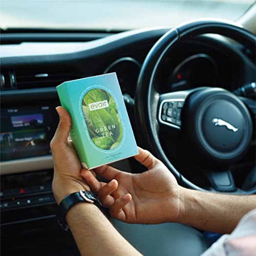 Image of Evair Green Tea Car Air Freshener | Hanging Car Perfume | Premium Car Fresheners | Car Aroma with Essential Oils| Hanging Perfume for Car in Glass Bottle with Wooden Diffuser Lid (10ml, Pack of 1)