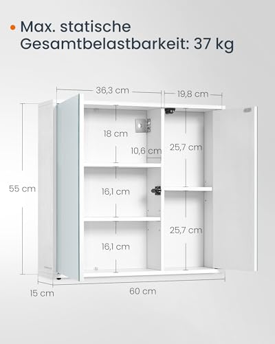 SONGMICS HOME Spiegelschrank, Badezimmerschrank, superschnelle werkzeuglose Montage, Toolless-Technologie, Badspiegel, verstellbare Ablagen, modern, 15 x 60 x 55 cm, schneeweiß BBC114WE01