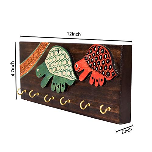 Image of AAKRITI ART CREATIONS Key Holder, Handcrafted Tribal Art Turtle Theme Key Hanger | Rustic Wood Wall Organizer with 6 Hooks | New Home Gifts| Multifunctional Entryway Decor Item