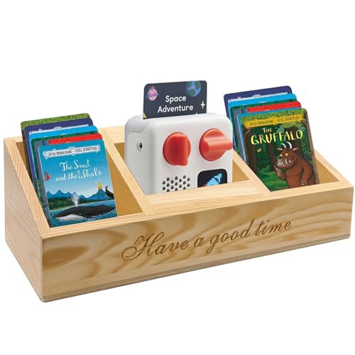 SECOAT Wooden Holder Compatible with Yoto Mini Player (2024 Edition) and Yoto Cards,Wood Storage Box with 3 Compartments for Display Kids Bluetooth Audio Speaker,Kids Audio Cards