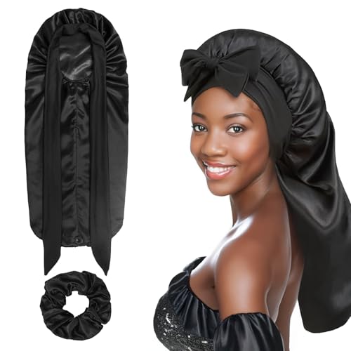 Image of SubTack Long Satin Bonnet - Adjustable Silk Bonnet for Sleeping Long Hair, Large Double Layer Sleep Cap with Tie Band & Scrunchies, Breathable Hair Wrap for Braids, Curly Hair, Dreadlocks Black