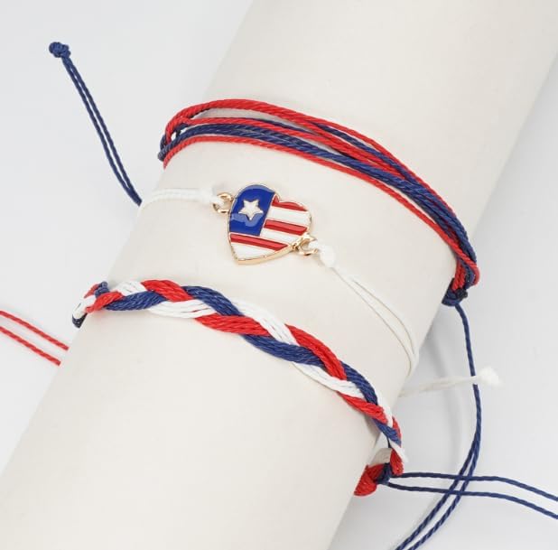 XAM 3pcs Patriotic Star Friendship Bracelets - Adjustable Red, White & Blue Braided Cord Bracelets for Independence Day