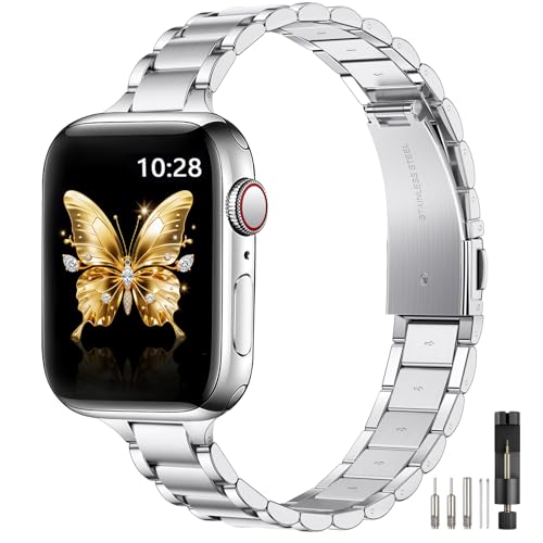 WFEAGL Straps Compatible Apple Watch Straps 44mm 45mm 49mm 46mm(Series 11 10) 42mm(Series 1 2 3),Slim Stainless Steel Replacement Strap for iWatch SE/Ultra/iWatch Series 11 10 9 8 7 6 5 4,Silver