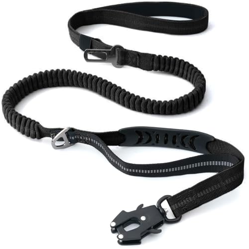 BOJLY Heavy Duty Tactical Bungee Hondenriem, 1,2-1,8 m Geen Trek Hondenriem met Quick Release Karabijnhaak, Reflecterende Schokabsorberende Riemen met Autogordel voor Middelgrote Grote Honden, Zwart