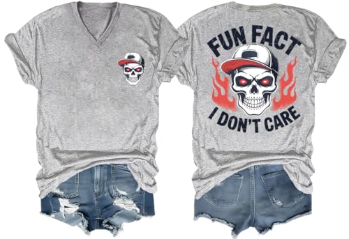 Fun Fact I Don't Care Shirt Funny Skeleton T-Shirt Fun Fact I Don't Care T Shirt Graphic Tees V-Neck