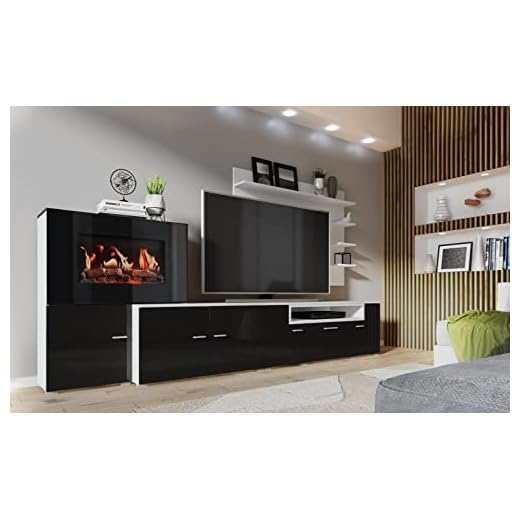Skraut Home | Mueble para Salón con Chimenea Eléctrica | 170 x 290 x 45 cm | Sistema de Iluminación LED Efecto Llamas | Modelo New Olympo | Estilo Moderno | Acabado Blanco/Negro