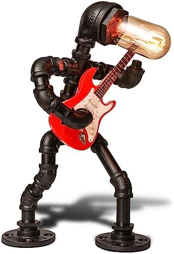 NOMGEG Music Electric Guitar Table Lamp - Cool Stuff for Man Cave Room Desk Art Decor - Steampunk Pipe Man Retro Industrial Robot Lamp - Unique Guitar Gadget Gifts for Men