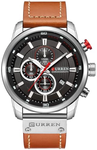 Men’s Chronograph Analog Quartz Watch, Military, Classic Business & Casual Waterproof Wristwatch with Leather Strap