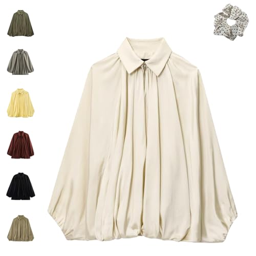 Balloon Sleeve Jacket, Oversized Batwing Sleeve Lapel Collar Zip Front Pleated Shirt, Puffed Bomber Jacket Batwing