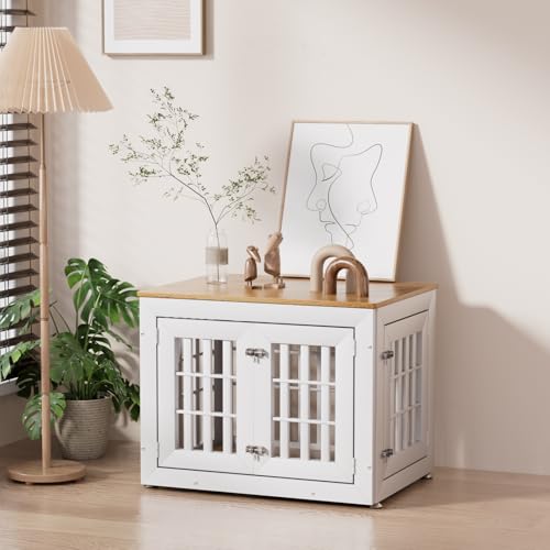 Snuowu 32" Heavy-Duty Dog Crate Furniture for Small/Medium Dogs, Rustic Wooden Dog Cage Kennel Indoor Furniture, Decorative Pet House End Table, White & Wood by Snuowu - Used condition - Image 2